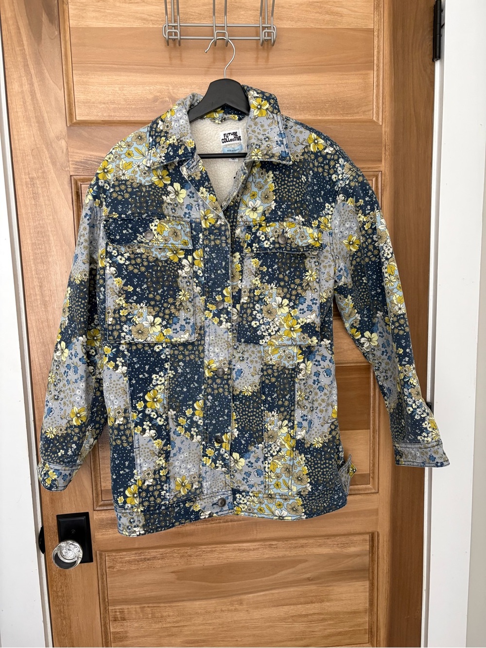 Denim Jacket Oversized Faux Sherpa Lining Future Collective Floral New with Tag